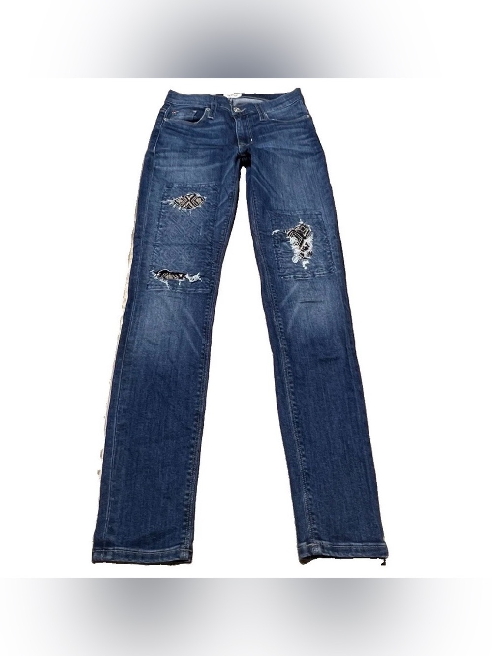 Hudson Nico Mid Rise Skinny Ankle Jeans Underlay Patch Embroidered Aztec Sz 25